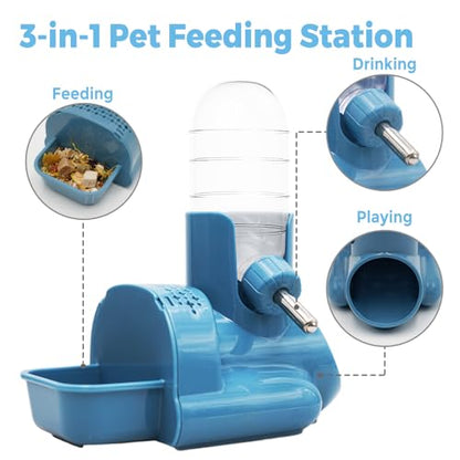 VANNON 3 in 1 Hamster Water Bottle No Drip Small Animal Water Bottle Automatic Bottle Dispenser with Food Container Base Hut and Hideout Base 4oz/120ml,Leekproof, BPA Free - color: Blue
