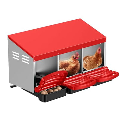 Aivituvin Chicken Nesting Box, 3 Compartments Chicken Egg Laying Box, Metal Nesting Boxes with Swing Perch for Chickens, Roll Away Egg Collection for Chicken Coop (Red) - color: Red