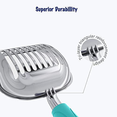 WePet Cat Litter Scoop, Aluminum Alloy Sifter, Kitty Metal Scooper, Deep Shovel, Long Handle, Poop Sifting, Kitten Pooper Lifter, Durable, Heavy Duty, for Litter Box - color: POLISHED Aluminum \ #02 Turkish Blue Handle, size: Small
