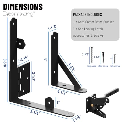 Gate Corner Brace Bracket Anti Sag Gate Frame Kit with Self-Locking Gate Latch, Heavy Duty Gate Repair Kit for Wooden Fence, Driveway Gates, Shed Doors, Wood Windows,Gate Support Hardware Kit, 1 Pack