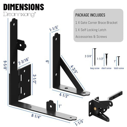 Gate Corner Brace Bracket Anti Sag Gate Frame Kit with Self-Locking Gate Latch, Heavy Duty Gate Repair Kit for Wooden Fence, Driveway Gates, Shed Doors, Wood Windows,Gate Support Hardware Kit, 1 Pack