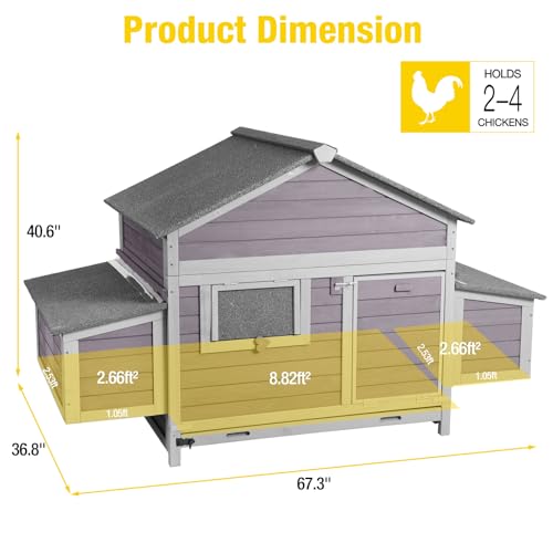 Aivituvin Chicken Coop Outdoor Poultry Cage with Two Nesting Boxes Expandable Wooden Hen House 14.4ft² for 2-4 Chickens - size: 64.6"L x 36.8"W x 40.6"H