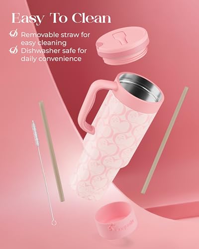 40 oz Insulated Tumbler with Handle and Push-Button Straw Lid, Stainless Steel Travel Cup for Gym Office, Leakproof, BPA-Free, Cup Holder Friendly, Bow Silicone Boot, Pink (C’ Blush) - color: C’ Blush