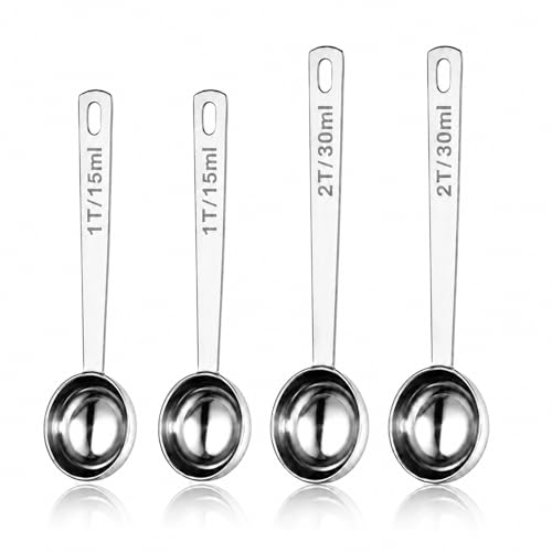 4 Pack Coffee Scoop Spoons Set, 1 Tbsp (15ml) & 2 Tbsp (30ml) Stainless Steel Measuring Spoons with Long Handle, Polished Round Scoops for Ground Coffee, Tea, Protein Powder and Spices - size: 1&2Tbsp /4pcs