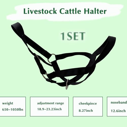 Cattle Cow Calf Halter, Calf Halter with Leading Rope, 18.9-23.23 Inch Adjustable Nylon Livestock Cattle Halter for Cattle, Miniature Horses, Foals, Donkeys, Goats (Black)