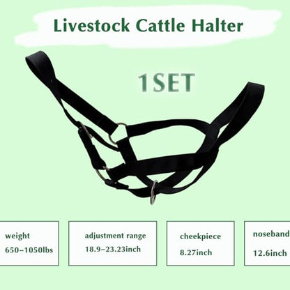 Cattle Cow Calf Halter, Calf Halter with Leading Rope, 18.9-23.23 Inch Adjustable Nylon Livestock Cattle Halter for Cattle, Miniature Horses, Foals, Donkeys, Goats (Black)