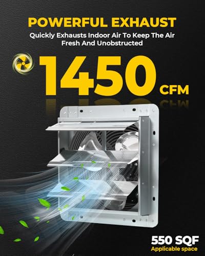 VENTISOL 12 Inch Exhaust Fan Wall Mounted, 1450CFM Shutter Exhaust Fan with Pre-Installed 1.65m Power Cord, Ventilation fan for Greenhouse, Garages, Attic, Shops, Chicken Coop, Barn, Shed - style: 12" with Power cord
