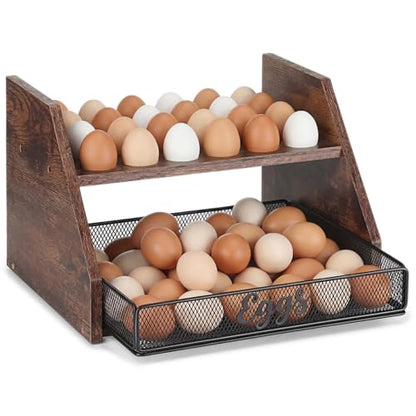 LemonRoad Wooden Egg Holder Fresh Egg Holders with Wire Basket Organizer for Countertop 24+60 Eggs Rustic Kitchen Organizer Basket for Gathering Fresh Chicken/Duck/Quail/Turkey Eggs(Brown)
