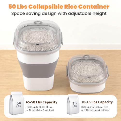 50 Lbs Rice Storage Container with Wheels, Collapsible Airtight Dog Food Storage Container with Transparent Lid, Measuring Cup, Scoop, Handle, BPA Free Rice Holder for Pet Food, Grain, Bird Seed - color: Grey/50lbs