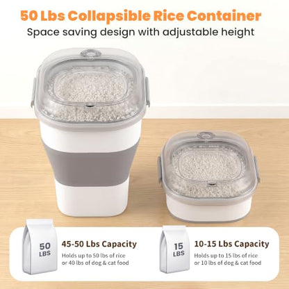 50 Lbs Rice Storage Container with Wheels, Collapsible Airtight Dog Food Storage Container with Transparent Lid, Measuring Cup, Scoop, Handle, BPA Free Rice Holder for Pet Food, Grain, Bird Seed - color: Grey/50lbs
