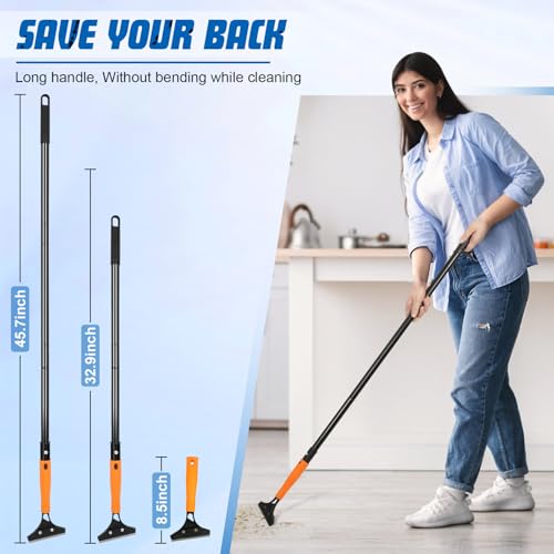 Heavy Duty Floor Scraper with Long Handle,4 Inch Razor Blade Scraper Tool | Cleaning Popcorn Ceiling Wall Glass Windows Gum Paint Tile Glue Linoleum|45.7IN Handle|10PCS Extra Metal Blades|Orange