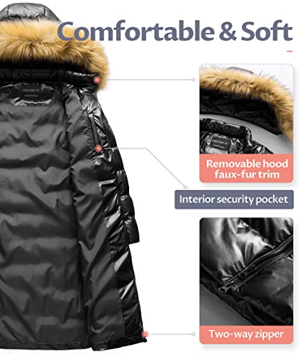 CREATMO US Women's Long Winter Faux Fur Coat Puffer Warm Jacket with Detachable Hood - color: Shine Black, size: 4X-Large
