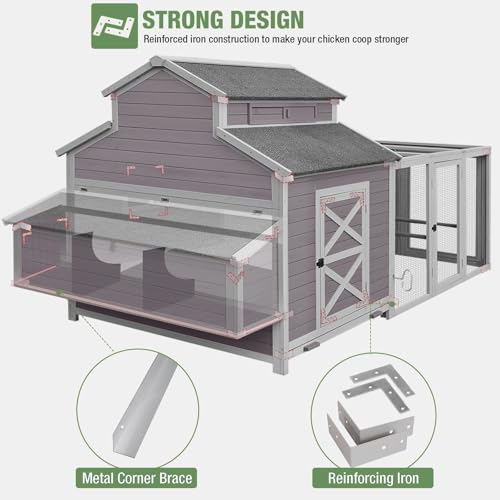 115’’ Large Chicken Coop with Run, Wooden Hen House with Nesting Boxes, Outdoor Poultry Cage with Waterproof Asphalt Roof for 8-10 Chickens, Chicken Tractor with Leakproof Pull-on Tray - size: 115.0"L x 50.0"W x 56.0"H
