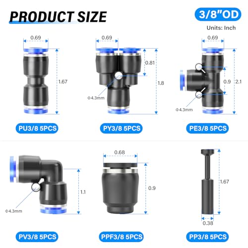 TAILONZ PNEUMATIC 3/8 Inch od Push to Connect Fittings Pneumatic Fittings Kit 5 Spliters+5 Elbows+5 tee+5 Straight+5 PPF+5 PP (30 pcs) - size: 3/8" OD