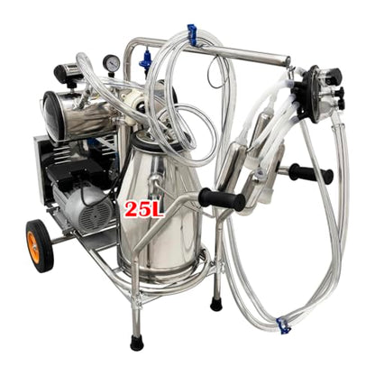 INTBUYING 110V Electric Vacuum Pump Cow Milking Machine Portable Milking Equipment for Cows & Goats with 25L/6.6Gal 304 Stainless Steel Bucket, 1440RPM, 10-12 Cows/Hour Capacity Milker for Farm Use