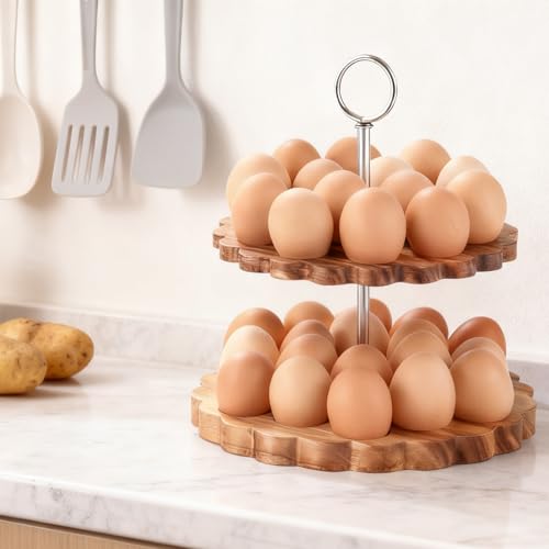 Acacia Wooden Double Layer Egg Holder for 32 Fresh Eggs, Modern Countertop Egg Storage Rack, Fits Chicken, Duck, Turkey Eggs - color: natural
