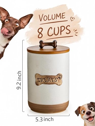 Miamolo Airtight Dog Treat Container, Dog Food Storage Container, Ceramic Dog Treat Jar with Wood Lid and Handle, Pet Treats Canister for Countertop, Farmhouse Gift for Dog Lovers, Bone Glinting White - color: Bone Glinting White
