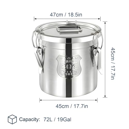 304 Stainless Steel Airtight Storage Bucket with Lid, Food Grade Sealed Canister for Kitchen, Rice, Flour, Grain, Pet Food, Waterproof Camping Storage Container(72L/19Gal) - size: 72L/19Gal