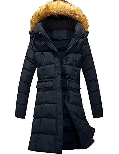Szory Women's Winter Down Puffer Mid Length Pocket Coat with Removable Fur Hood - color: Navy, size: Medium