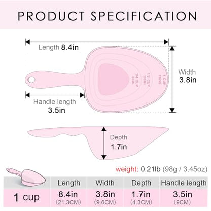 Melamine Pet Food Measuring Scoop, 1 Cup 1/2 Cup 1/4 Cup with Clear Measurement Lines for Dog, Cat, Bird, and Rabbit, Durable, Ergonomic Handle, Dishwasher safe-Pink - color: Pink