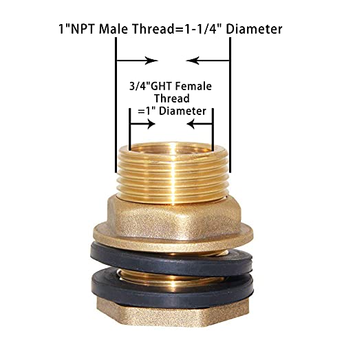 Joywayus 3/4" GHT Female 1" Male Soild Brass Water Tank Connector Bulkhead Tank Fitting with 2 Rubber Ring Stablizing - size: 3/4" GHT Female - 1" Male