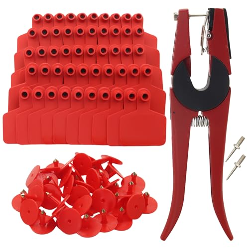 Blank Cattle Ear Tags with Pliers, Red, 100 Pieces | TPU Material, Large Livestock Identification Tags, For Cattle Cow Horse Pig Goat Sheep - color: Red