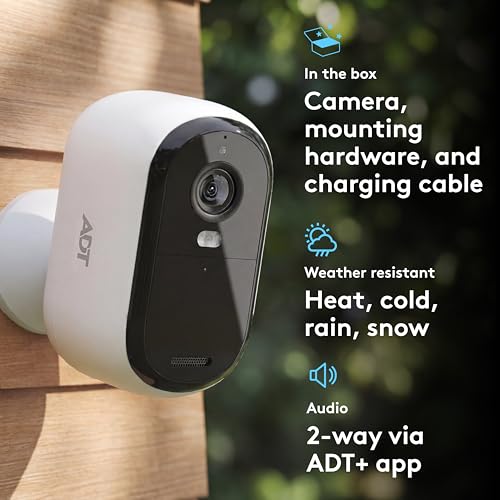 ADT Blu Outdoor Camera, 2K Video, Rechargeable Battery, Spotlight, Night Vision, Weather Resistant, Smart Detection - Compatible with ADT Blu Systems, Subscription Required