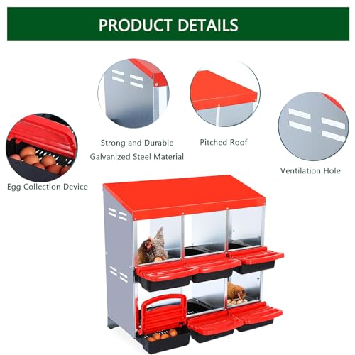 Chicken Nesting Boxes, 6 Holes Metal Chicken Egg Laying Box with Swing Perch and Rollout Egg Collection,for Various Chicken Breeds with Stand - Red 0.6mm - color: Red 0.6mm-6 Holes, size: With Stand