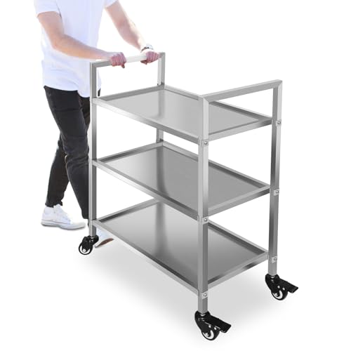 3 Shelf Stainless Steel Cart,400 Lbs,1MM Thick，Serving Cart with Wheels, Household, Service Trolley,360°Rotation Storage Shelf with Locking Wheels 29.5 * 15.7 * 37.4'' L*W*H