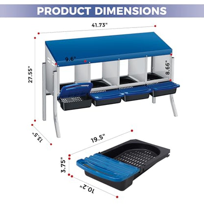 Chicken Nesting Box, 4 Compartment Roll Away Design for High-Volume Egg Collection and Easy Wall Mounting with Metal Legs - color: blue, size: 4 holes with legs