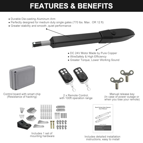 JUJIANG Automatic Gate Opener with Remote Complete Kit for Swing Gate Up to 770lb 16FT per Arm, Electric Gate Opener Medium Duty Dual Swing Gate Opener Automatic Gate Motor 60W AC Powered PKM-C026 - size: 770lb Dual Gate Opener