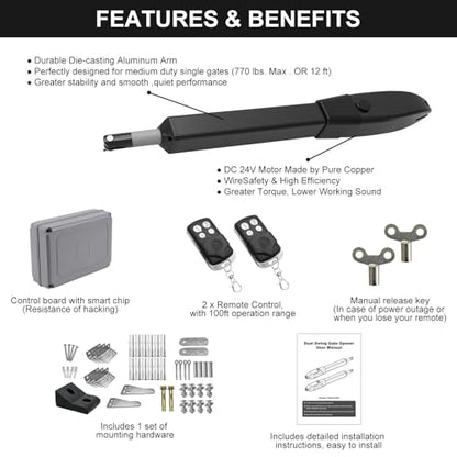 JUJIANG Automatic Gate Opener with Remote Complete Kit for Swing Gate Up to 770lb 16FT per Arm, Electric Gate Opener Medium Duty Dual Swing Gate Opener Automatic Gate Motor 60W AC Powered PKM-C026 - size: 770lb Dual Gate Opener
