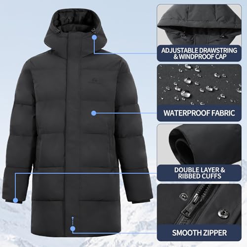 Pioneer Camp Mens Long Winter Coat Hooded Waterproof Insulated Puffer Jacket Thicken Puffy Warm Down Windbreaker Parka - color: Dark Grey, size: Small