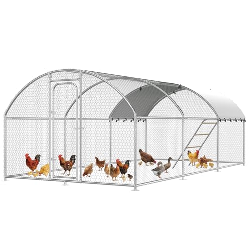 Large Chicken Coop with Roosting Perch, 10' L x 19.7' W x 6.4' H Walk-in Poultry Cage Chicken Run Chicken Pen Dome Shaped Coop with Waterproof Cover for Outdoor Farm Backyard Use - size: 236.2"L x 118.0"W x 78.0"H