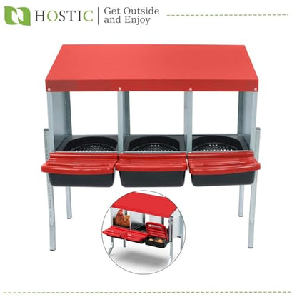 HOSTIC Red Chicken Nesting Box for Laying Egg with 3 Compartment and Metal Legs Chicken Egg Laying Box with Lid Cover