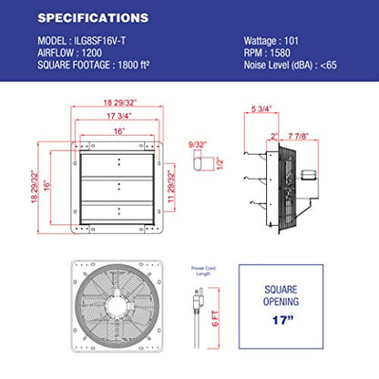 Iliving ILG8SF16V-T Wall-Mount Shutter Exhaust Fan, 16" - Variable Speed, Silver - style: Fan With Thermostat