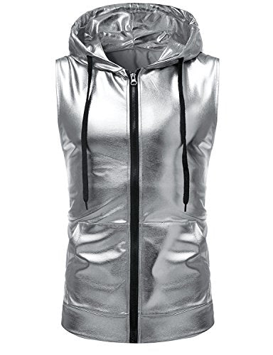 ZEROYAA Mens Shiny Metallic Zip Up Sleeveless Hooded Vest T Shirt with Kangaroo Pocket - color: Z86-silver, size: Small