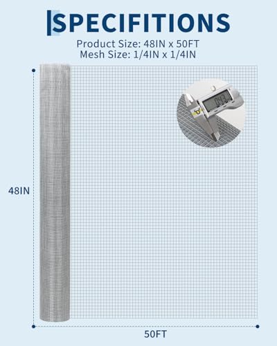 48inch x 50ft Hardware Cloth 1/4 inch Chicken Wire Fencing 23Ga, Hot Dipped Galvanized After Welding Garden Plant Supports Welded Metal Chicken Wire Fence, Poultry Animal Netting Cage Screen - size: 1/4" x 1/4" 23GA 4'×50'