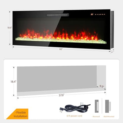 60" Electric Fireplace, Wall Fireplace Electric with Remote Control, 16 Adjustable Flame Colors, Wall Mounted/Recessed, 1400W Fireplace Insert Heater, Timer, Thermostat - size: 60 Inch Standard