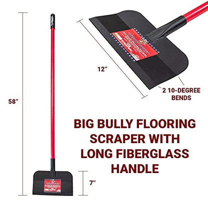 BULLY TOOLS Big Bully Floor Scraper Long Handle - Heavy Duty Scrapper for Cleaning, Carpet, Tile & Flooring Removal, Durable Fiberglass Handle, Construction Tool, 100% Made in USA