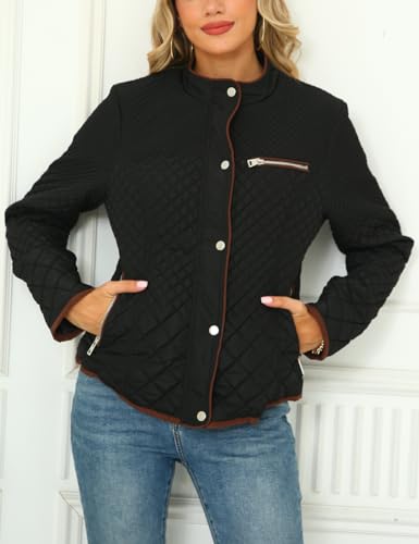 Bellivera Women's Stand Collar Lightweight Quilted Puffer Jacket | Casual Padded Zip Long Sleeve Coat for Spring and Winter with Pockets - color: Black Diamond, size: XX-Large