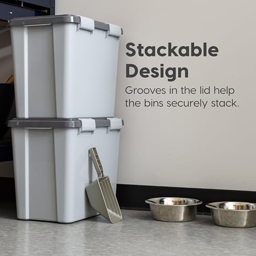IRIS USA Stackable Dog Food Storage Container with 2 Cup Scoop, 4 Secure Latches, Fits up to 30 lbs, Pet Dry Food Bin, Gasket Seal Lid, BPA Free, Stackable, Easy Measure, Gray/Dark Gray - color: Gray/Dark Gray