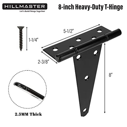 HILLMASTER 8 Inch T-Strap Heavy Duty Shed Door Hinges Gate Strap Hinges Black Tee Hinge Wrought Hardware for Wooden Fences,Yard,Barn Door,Rustproof (2 Pack) - size: 8in 2Pack
