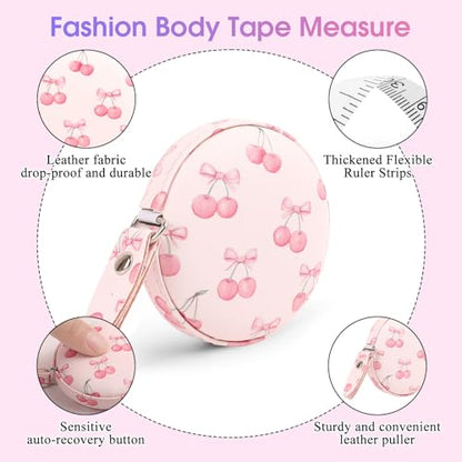 Retractable Mini Tape Measure, Auto-Retract, Premium Leather Tape Measure, Dual-Sided Ruler, Ideal for Fabric Cutting, Body Measurements, and Handicrafts (Pink Bow Cherry) - color: Pink Bow Cherry