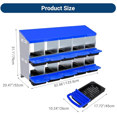 Chicken Nesting Boxes,10 Compartment Nesting Boxes for Laying Eggs,Wall Mount Poultry Roll Away Chicken Laying Boxes,Easy Egg Collection,Cleanable Pull Out Hen Roosting Boxes - color: Blue