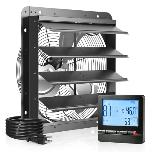 Amico 16-Inch Shutter Exhaust Fan with Thermostat and Humidity Control, 2068 CFM Attic Fan with 8-Speed Auto Adjust, 68W Brushless EC Motor Vent Fan for Greenhouse,Garage,Chicken Coop, Gable Wall Vent - size: 16 inch