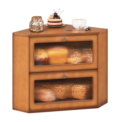 Trironsun Corner Bamboo Bread Box for Kitchen Counter Double Layer Bread Storage Container Large Capacity Bread Storage Bin with Wavy Arcylic Transparent Door (Brown) - color: Brown