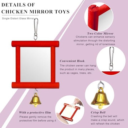 Sumind 2 Pieces Chicken Mirror Toys Hanging Swing Mirror with Bell Wooden Pecking Toy and 4 Pieces Beak Grinding Molar Stones for Hens Birds Parrots(Red,Blue) - color: Red,Blue