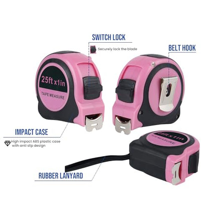 Lichamp Pink Tape Measure 25 Feet, Measuring Tape 1 Pack 25ft x 1in with 1/8 Fractions