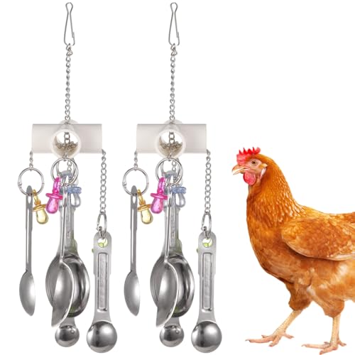 2 Pcs Chicken Enrichment Toys, Hanging Bird Toys with Metal Spoons, Colorful Chewing Foraging Toys, Poultry Coop Accessories for Chickens, Hens, Ducks, Parrots